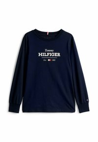 Marineblaues Langarm-T-Shirt aus Baumwolle. Auf der Vorderseite befindet sich das weiße "Tommy HILFIGER"-Logo sowie der Text "Est. 1985". Mit geripptem Rundhalsausschnitt.