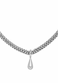 Silberkette mit einem zweilagigen Design und einem tropfenförmigen Anhänger. Die Kette zeichnet sich durch eine glatte Textur und ein glänzendes Finish aus.
