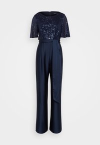 Marine jumpsuit med korte paljettsleeves, en tettsittende liv og vide ben. Har et belte i matchende stoff knyttet i midjen.