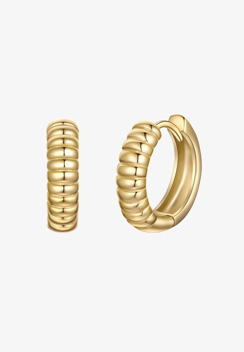 Aukso auskarai žiedai, su grioveliais, apvaliu dizainu ir užsegimu. Paviršius yra poliruotas, pabrėžiantis tekstūrą.