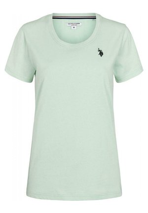 Miętowy bawełniany t-shirt z okrągłym dekoltem i krótkimi rękawami. Posiada małe haftowane logo na lewej piersi. Rozmiar M.