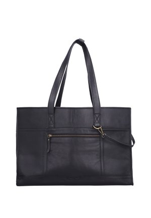 Czarna skórzana torba typu tote z podwójnymi paskami na ramię, przednią kieszenią na zamek oraz małym bocznym paskiem z zapięciem w złotym odcieniu.
