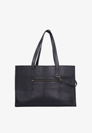 Černá kožená taška přes rameno s dvojitými ramenními popruhy, přední kapsou na zip a malým bočním popruhem se zlatým zapínáním.