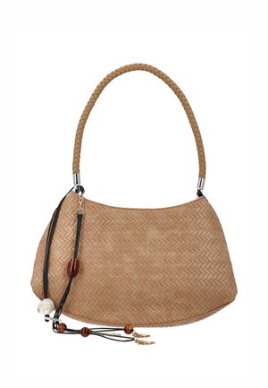 Világosbarna, fonott fogantyúval rendelkező szövött kézitáska, melyet díszítő fekete zsinórok, gyöngyök és medálok díszítenek, amelyek egyik oldalról lógnak.
