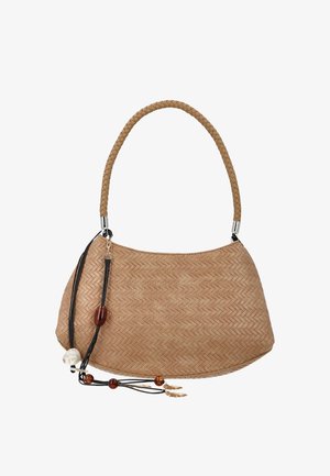 Világosbarna, fonott fogantyúval rendelkező szövött kézitáska, melyet díszítő fekete zsinórok, gyöngyök és medálok díszítenek, amelyek egyik oldalról lógnak.