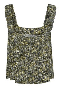 Blommig tanktop i lätt tyg med marin bakgrund, prydd med gula och vita prickar samt volangiga axelband.