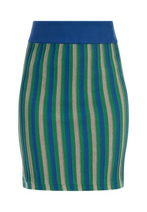 Adīta zīmulis svārki ar horizontālām svītrām zaļā, zilā un bēšā krāsā. Zila ribota josta. Gluda tekstūra ar piegulstošu dizainu.