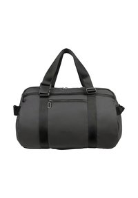 Borsa da viaggio nera in materiale resistente, con due manici superiori e una tracolla regolabile, dotata di due tasche con cerniera.