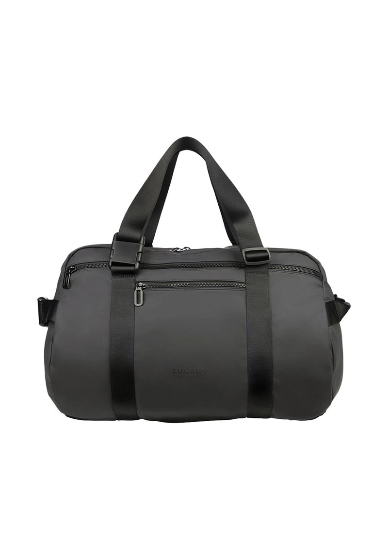 Borsa da viaggio nera in materiale resistente, con due manici superiori e una tracolla regolabile, dotata di due tasche con cerniera.