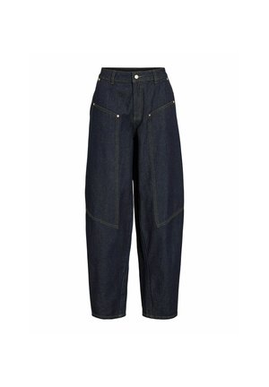 Pantalon en denim bleu foncé à jambes larges, taille haute, poches plaquées à l'avant et coutures contrastantes jaunes.