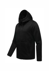 Felpa nera con zip e colletto alto, tasche laterali e polsini a coste. Realizzata in un materiale morbido con una texture liscia.