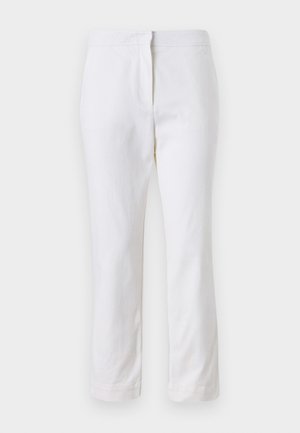 Pantaloni din bumbac alb, cu un design drept, având talie medie și fără hardware sau modele vizibile. Textură uniformă pe întreaga suprafață.