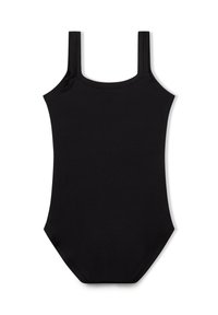 Černý bezrukávový body vyrobený z hladké látky, s kulatým výstřihem a nohavicemi se rovnými střihy. Jednoduchý, minimalistický design.