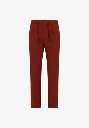 Punaiset kudotut housut rentoa istuvuutta, joissa on nyörivö, pussit, suorat lahkeet ja sileä rakenne.