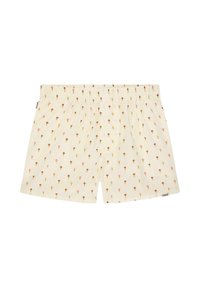 Pantaloni boxer in tessuto crema, con un motivo ripetuto di coni gelato marroni e rosa. Vita elastica per il comfort.