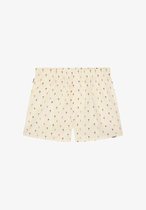 Pantaloni boxer in tessuto crema, con un motivo ripetuto di coni gelato marroni e rosa. Vita elastica per il comfort.