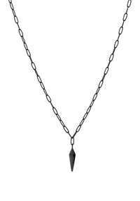 Schwarze Metallkette mit länglichem, dreieckigem Anhänger. Verfügt über strukturierte Glieder und eine spitze, polierte schwarze Form in der Mitte.