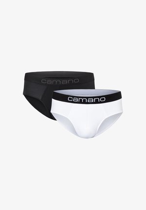 Schwarze und weiße Herrenunterhosen mit einem kontrastierenden schwarzen Bund, auf dem der Markenname "camano" in Grau aufgedruckt ist. Glattes, dehnbares Material.