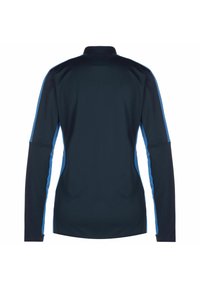 Langärmliges Polohemd in Dunkelblau mit hellblauen Seitenstreifen, ausgestattet mit einem klassischen Kragen und einer glatten, dehnbaren Stofftextur.