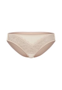 Beige Spitzen- und glatte Stoff-Bikini-Unterwäsche mit floralen Spitzenakzenten und nahtlosem Design. Dreieckiger Schnitt und mittelhoher Bund.