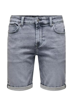 Grå denimshorts med en glat tekstur, med en rullet kant, fem lommer og en knaplukning. Standard pasform og afslappet design.