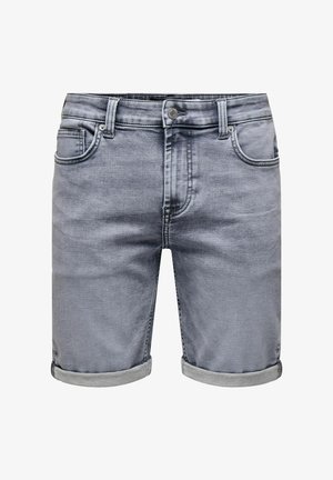Grå denimshorts med en glat tekstur, med en rullet kant, fem lommer og en knaplukning. Standard pasform og afslappet design.