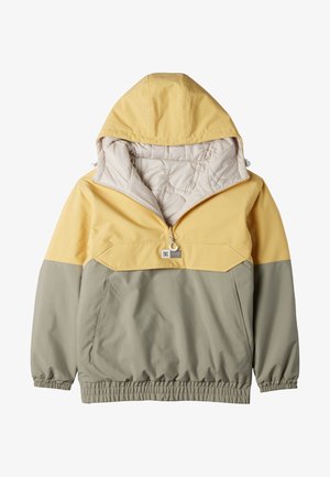 Kevyt huppari, jossa on keltainen ja vihreä väri-iloittelu, tikkivuori vaaleassa beessissä sekä elastiset hihansuut ja helma hyvän istuvuuden takaamiseksi.