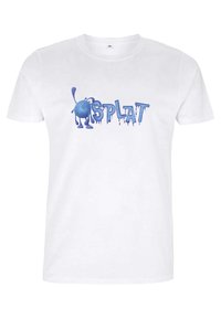 Maglietta bianca con una grafica blu che riporta la scritta "SPLAT" con effetto vernice che cola, con un personaggio blu rotondo accanto al testo.