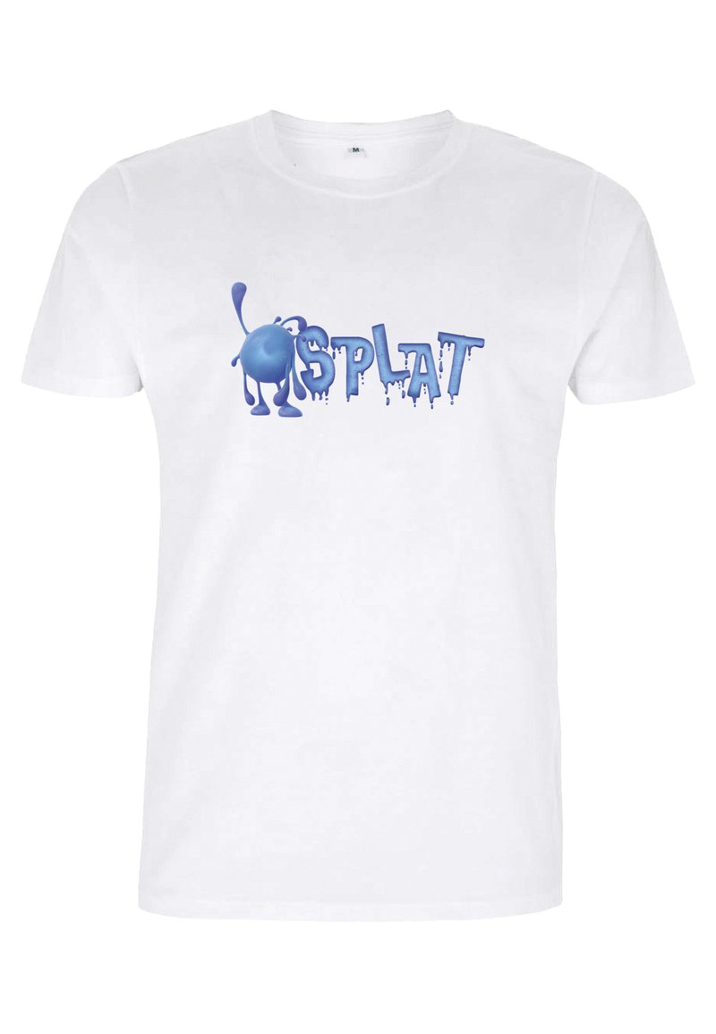 Maglietta bianca con una grafica blu che riporta la scritta "SPLAT" con effetto vernice che cola, con un personaggio blu rotondo accanto al testo.