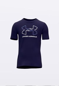 Granatowy krótkorękawowy T-shirt wykonany z gładkiej tkaniny, z białym i jasnoniebieskim logo Under Armour na przodzie.