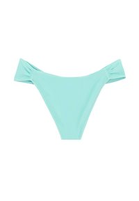 Parte inferior de bikini de color azul claro con acentos fruncidos en los lados, tejido suave y corte en V. Diseñado para un ajuste cómodo y ceñido.
