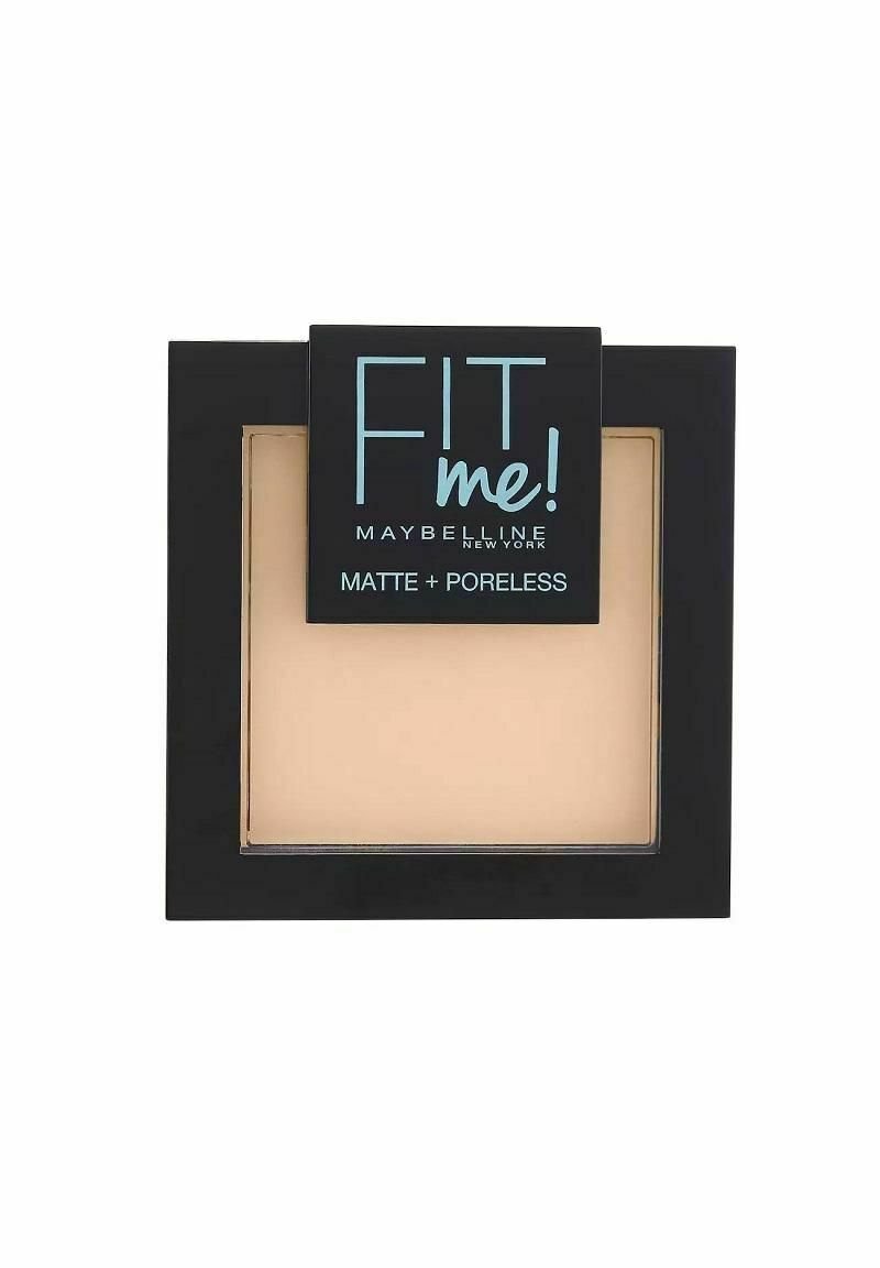 Maybelline Fit Me! puder kompakt med matt finish. Svart fodral med genomskinligt fönster som visar ljusbeige puder inuti. Textetikett på toppen.