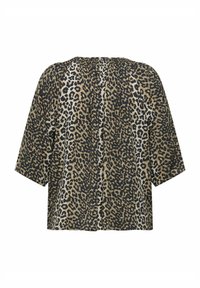 Leopardenmuster Bluse mit kurzen Ärmeln, die einen lässigen Schnitt bietet, in dunkelbraun, beige und schwarzen Mustern aus weichem Stoff. Rundhalsausschnitt auf der Rückseite.