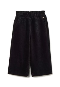 Zwarte corduroy culottes met een elastische tailleband, voorzien van twee zijzakken en subtiele glinsteraccenten, een zachte textuur en een losse pasvorm.