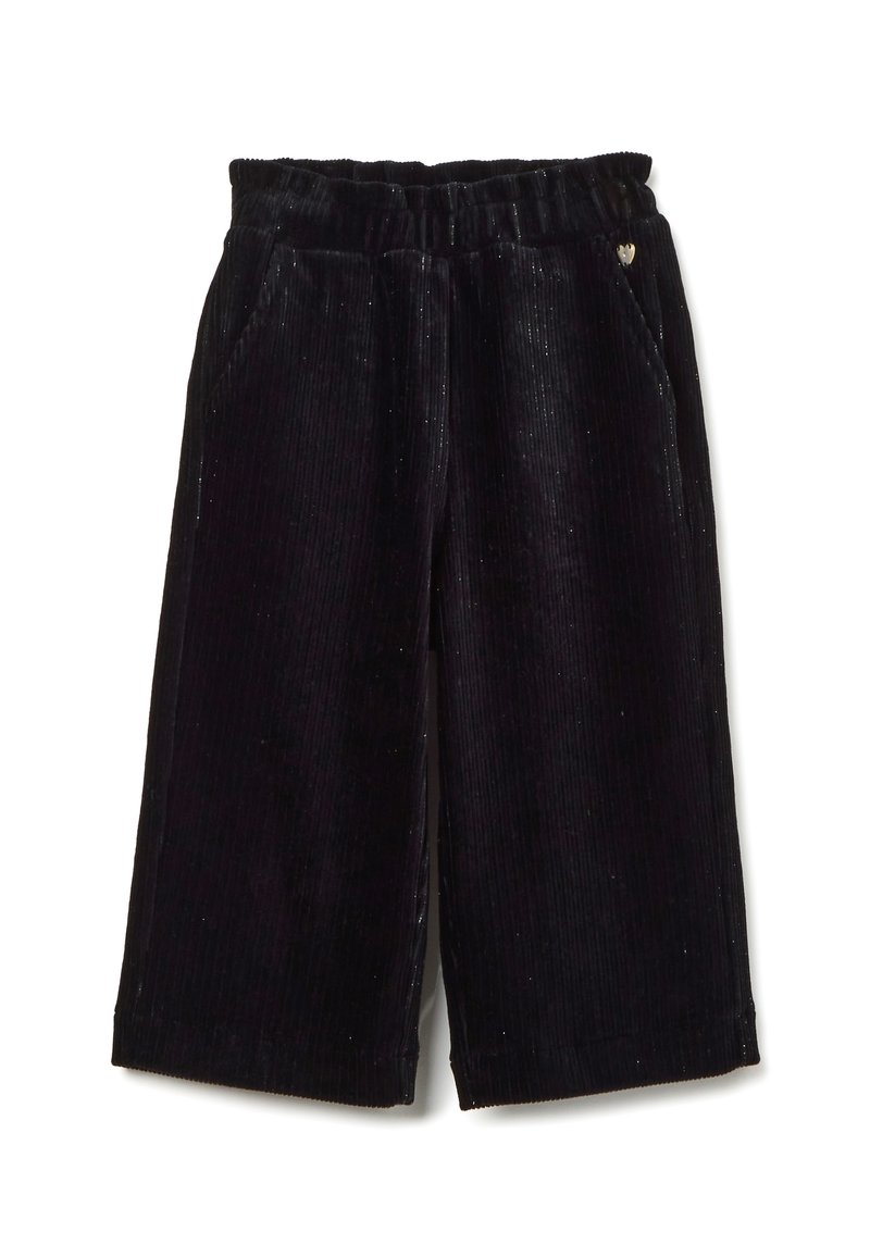 Zwarte corduroy culottes met een elastische tailleband, voorzien van twee zijzakken en subtiele glinsteraccenten, een zachte textuur en een losse pasvorm.