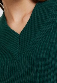 Zielony sweter z dzianiny z szerokim kołnierzem w kształcie litery V. Posiada prążkowaną teksturę i subtelny diagonalny wzór na kołnierzu. Miękka i teksturowana tkanina.