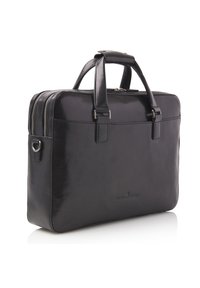 Maletín de cuero negro con cierre de doble cremallera, asas superiores y una marca sutil. Textura suave y forma rectangular estructurada.