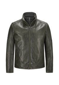 Dunkelgrüne Lederjacke mit Reißverschluss, Stehkragen und strukturierter Oberfläche, seitlichen Taschen und minimalistischen Nahtdetails.