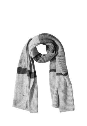 Knitted gray scarf featuring alternating ribbed texture and dark gray horizontal stripes, creating a layered visual effect.