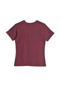 Krátký rukáv, přiléhavé tričko z burgundské bavlny. Má kulatý výstřih a čisté švy, s hladkou texturou a bez viditelných vzorů.