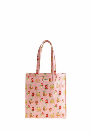 Ružová taška na nosenie s rukoväťami s motívom kreslených mačiek a červených húb s bielymi škvrnami.