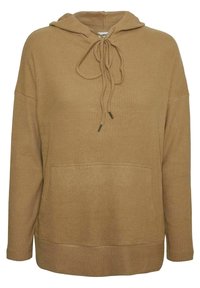 Felpa marrone con cappuccio in tessuto a coste, dotata di lacci, tasca frontale e vestibilità morbida. Presenta maniche lunghe e un orlo arrotondato.