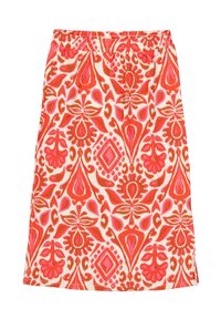 Patroon katoen rok met levendige rode, roze en crèmekleurige bloemmotieven. Elastische tailleband met een rechte, knielange snit.