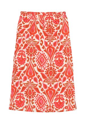 Patroon katoen rok met levendige rode, roze en crèmekleurige bloemmotieven. Elastische tailleband met een rechte, knielange snit.