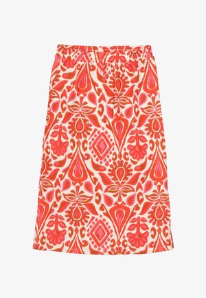 Falda de algodón con estampado que presenta vibrantes motivos florales en rojo, rosa y crema. Cintura elástica con un silueta recta hasta la rodilla.