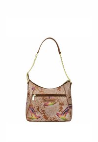 Braune Handtasche mit floralem und Kolibri-Design, Reißverschlusstasche, kettenartigem Schultergurt und glatter Textur. Mit goldfarbigem Akzent-Logo.