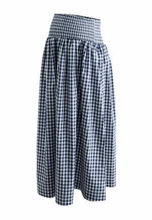 Blauer und weißer karierten Midirock mit breitem, gerafftem elastischem Bund und gesammeltem Stoff für eine volle Silhouette.