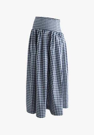 Blue and white checkered midi skirt with a wide, smocked elastic waistband and gathered fabric for a full silhouette.