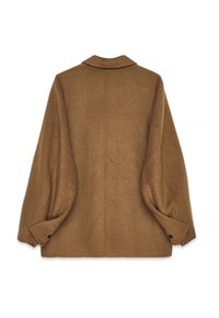 Brown wool coat with a wide, relaxed silhouette, large sleeves, and a notched collar. Features buttoned cuffs and a smooth texture.