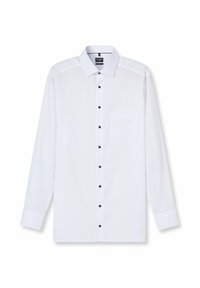 Weißes Langarmhemd mit schwarzen Knöpfen, spitzem Kragen und einer Brusttasche. Glatte Textur, Standardpassform.